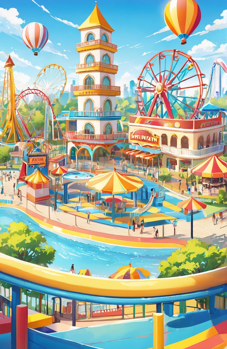 Water theme park logo design. as text "Kalyan Amusement Park", colorful vector illustration, Kalyan and Park's letters must be bold and big, The logo must be appealing to children and families, Adding elements like giant wheels, Seven Wonders, Longrop Bridge, Waterslide, Flyboard,