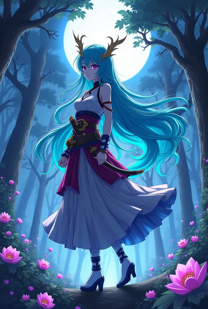 Demon Slayer from Kimetsu no Yaiba, clear skin, Violet eyes and turquoise hair