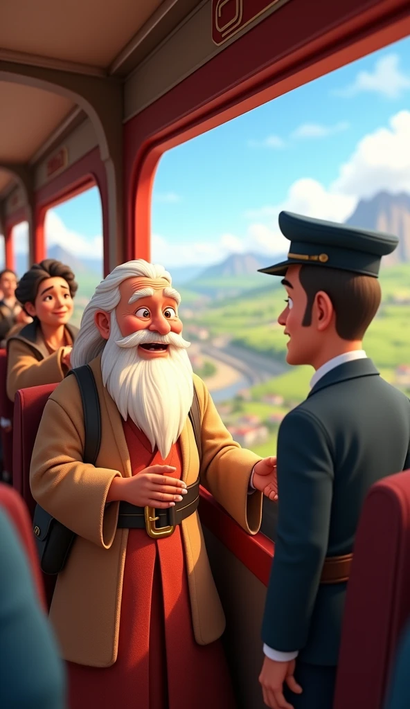 Ek baba train mein Tc baat karta hua 3D animation cartoon style