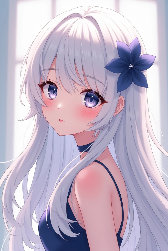 Anime  girl with white hair, have a dark blue flower hair clip. Kawaii, hot, sexy. Naked