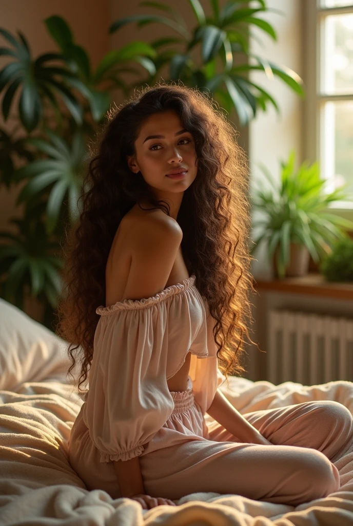 (photorealism:1.2), beautiful woman, sitting on bed, wearing loose off-shoulder top, pajama pants, long curly hair, indoors, soft lighting, plants in background, window with sunlight, cozy room, relaxed pose, realistic, intricate details, warm colors, by Greg Rutkowski, by Alphonse Mucha