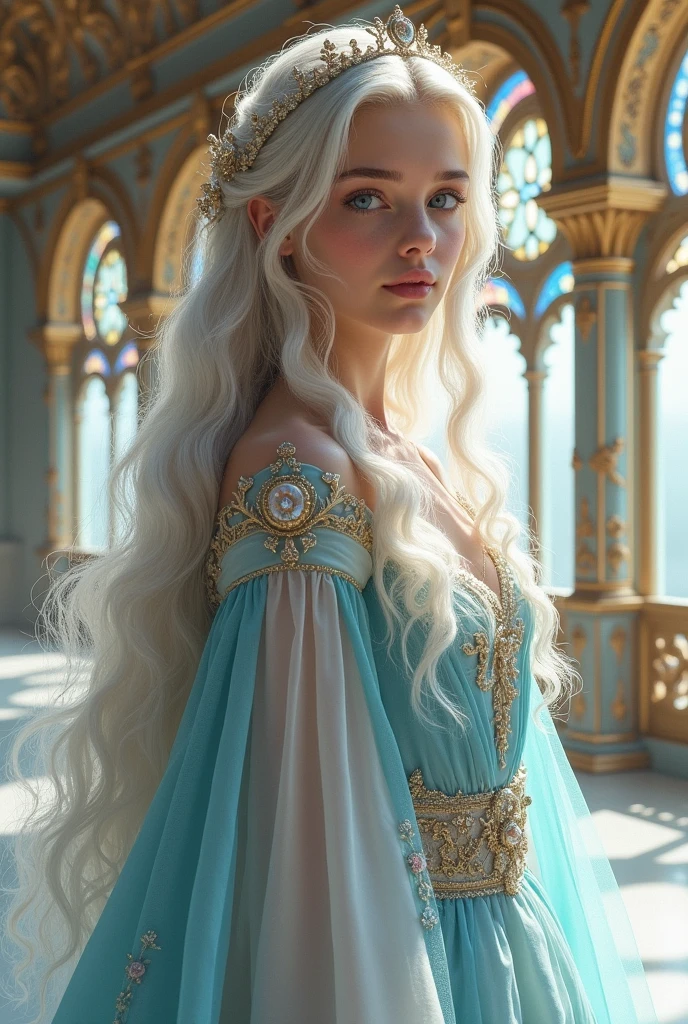 Princess in the palace would have long, flowing silver hair. Her eyes might be sky blue, and her attire could consist of flowing garments in soft whites, blues, resembling clouds. queen elza's sister
