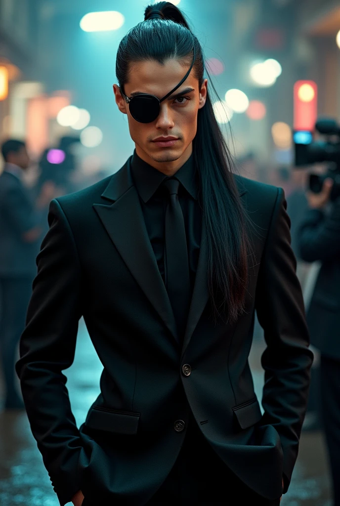 Long Hair, ponytail, Black Hair, Filmography、male、Black Suit、young、Eye patch