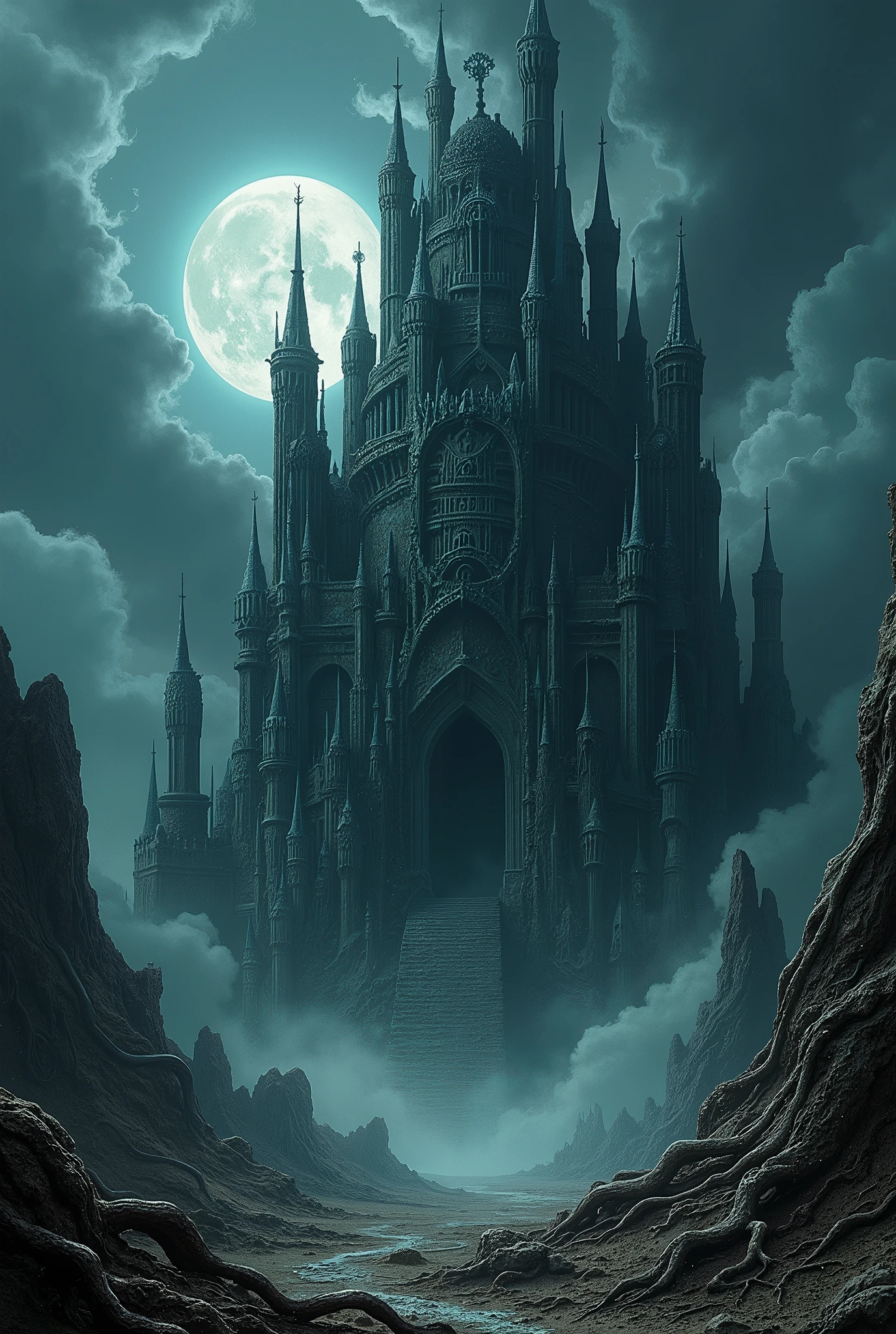 A random giant dark temple of bones. In the style of Mike Mignola and Zdzisław Beksiński. 
