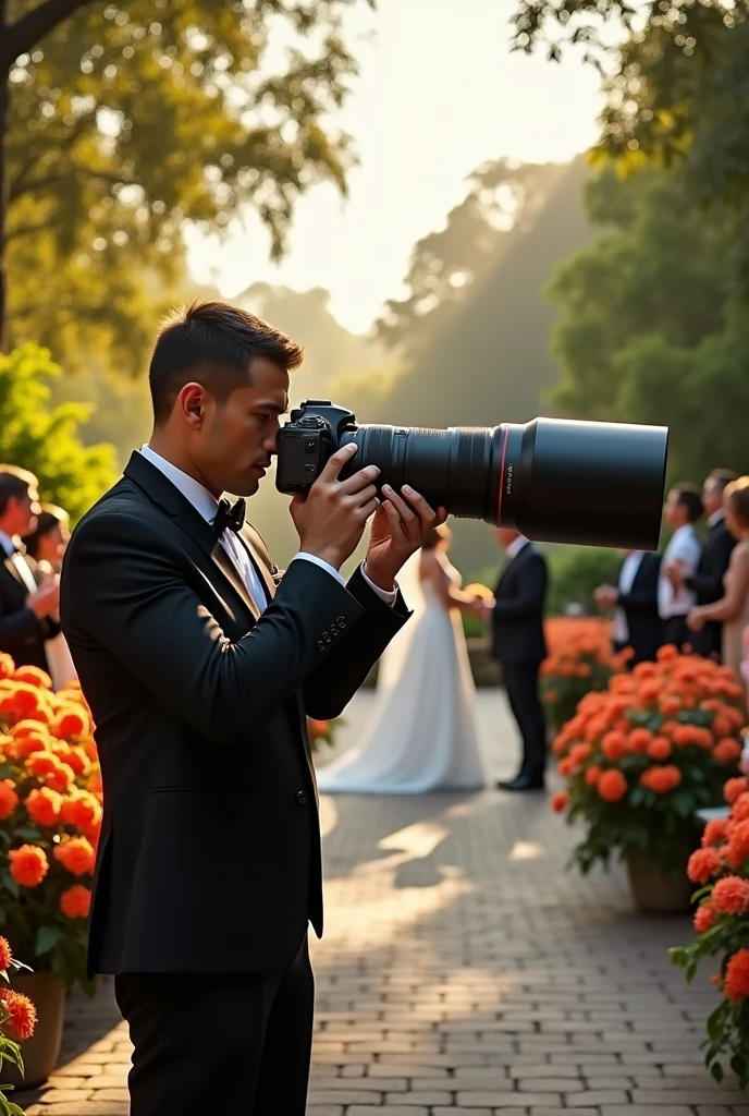 10000mm lens camera canon . Very big lens. Zoom lens. Very long lens.. a man holding camera. Wedding photographer