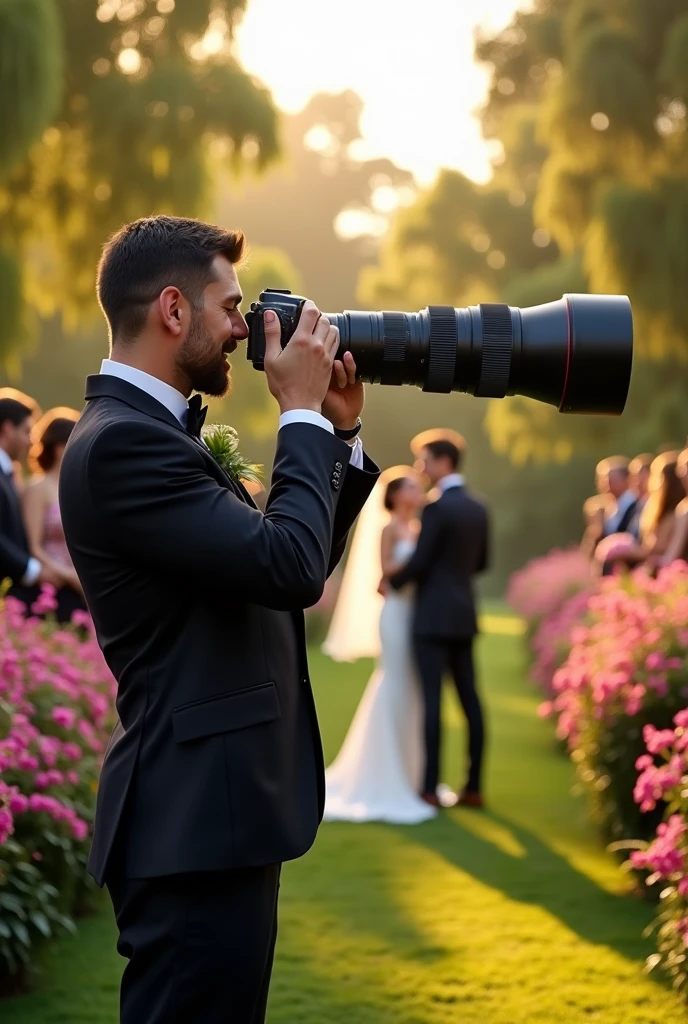 10000mm lens camera canon . Very big lens. Zoom lens. Very long lens.. a man holding camera. Wedding photographer 