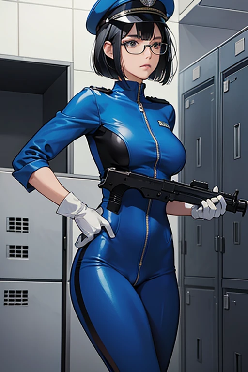 A girl with black hair, bob cut and glasses wearing a blue enamel catsuit, white gloves, white boots and a police cap is taking a break in the locker room with a tired face and sweaty face　submachine gun