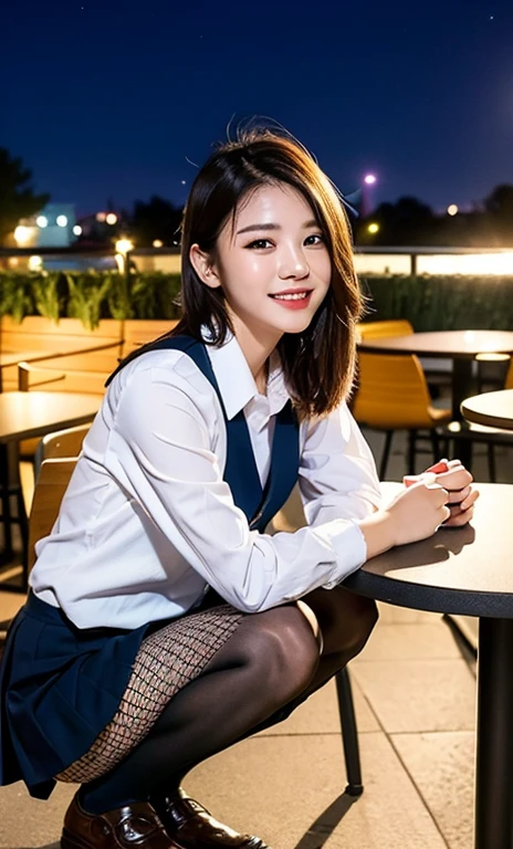 (a cute girl with short bob hair or ponytail, wearing a university student uniform, squatting in an outdoor cafe, wearing fishnet tights and loafers, with white shirt and a pleated skirt, kind smile, beautiful detailed eyes, beautiful detailed face, long eyelashes, beautiful detailed lips, dimpled cheeks, ample bosom, photo-realistic, ultra-detailed, 8k, high resolution portrait illustration, vivid colors, bokeh night background, SFW, )
