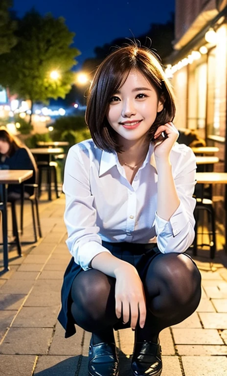 (a cute girl with short bob hair or ponytail, wearing a university student uniform, squatting in an outdoor cafe, wearing fishnet tights and loafers, with white shirt and a pleated skirt, kind smile, beautiful detailed eyes, beautiful detailed face, long eyelashes, beautiful detailed lips, dimpled cheeks, ample bosom, photo-realistic, ultra-detailed, 8k, high resolution portrait illustration, vivid colors, bokeh night background, SFW, )
