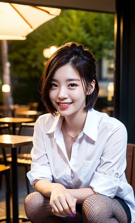 (a cute girl with short bob hair or ponytail, wearing a university student uniform, squatting in an outdoor cafe, wearing fishnet tights and loafers, with white shirt and a pleated skirt, kind smile, beautiful detailed eyes, beautiful detailed face, long eyelashes, beautiful detailed lips, dimpled cheeks, ample bosom, photo-realistic, ultra-detailed, 8k, high resolution portrait illustration, vivid colors, bokeh night background, SFW, )
