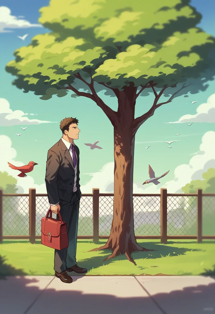 Masterpiece, Top Quality, Super Detail, 1 Man in his 40s, Male Focus, Handsome, Residential Area, Fence, Spindle Tree, Afternoon Sun, After School, Suit, Hand-held Bag, Flock of Birds, Right From the Side, Depth of Field