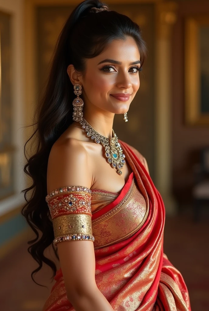 Full body length including feet, 32 years old female, sexy saree and blouse, close up photo of a sexy milf, posing in a palace, big cheeks, super stylish dress with wide open breasts, accessories, earrings, necklace, erotic face, 36 yo, ponytail, look at viewer and smile, (cinematic:1.3), intricate details, (ArtStation:1.2)