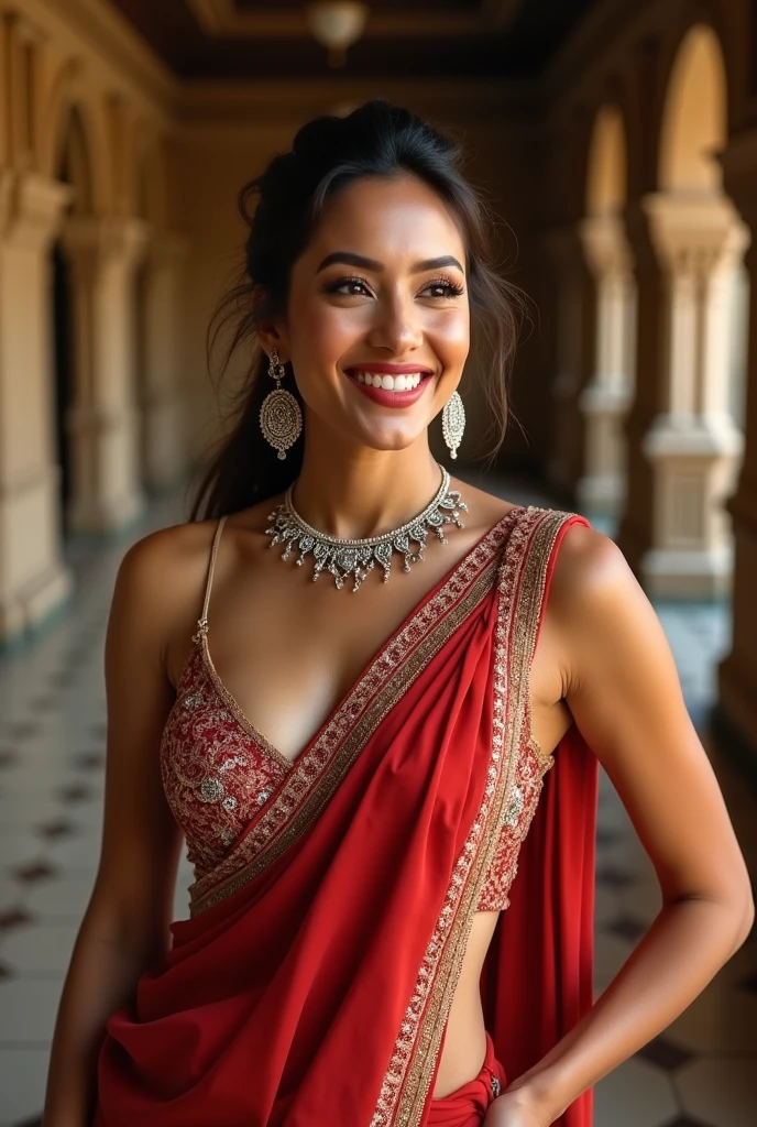 Full body length including feet, 32 years old female, sexy saree and blouse, close up photo of a sexy milf, posing in a palace, big cheeks, super stylish dress with wide open breasts, accessories, earrings, necklace, erotic face, 36 yo, ponytail, look at viewer and smile, (cinematic:1.3), intricate details, (ArtStation:1.2)