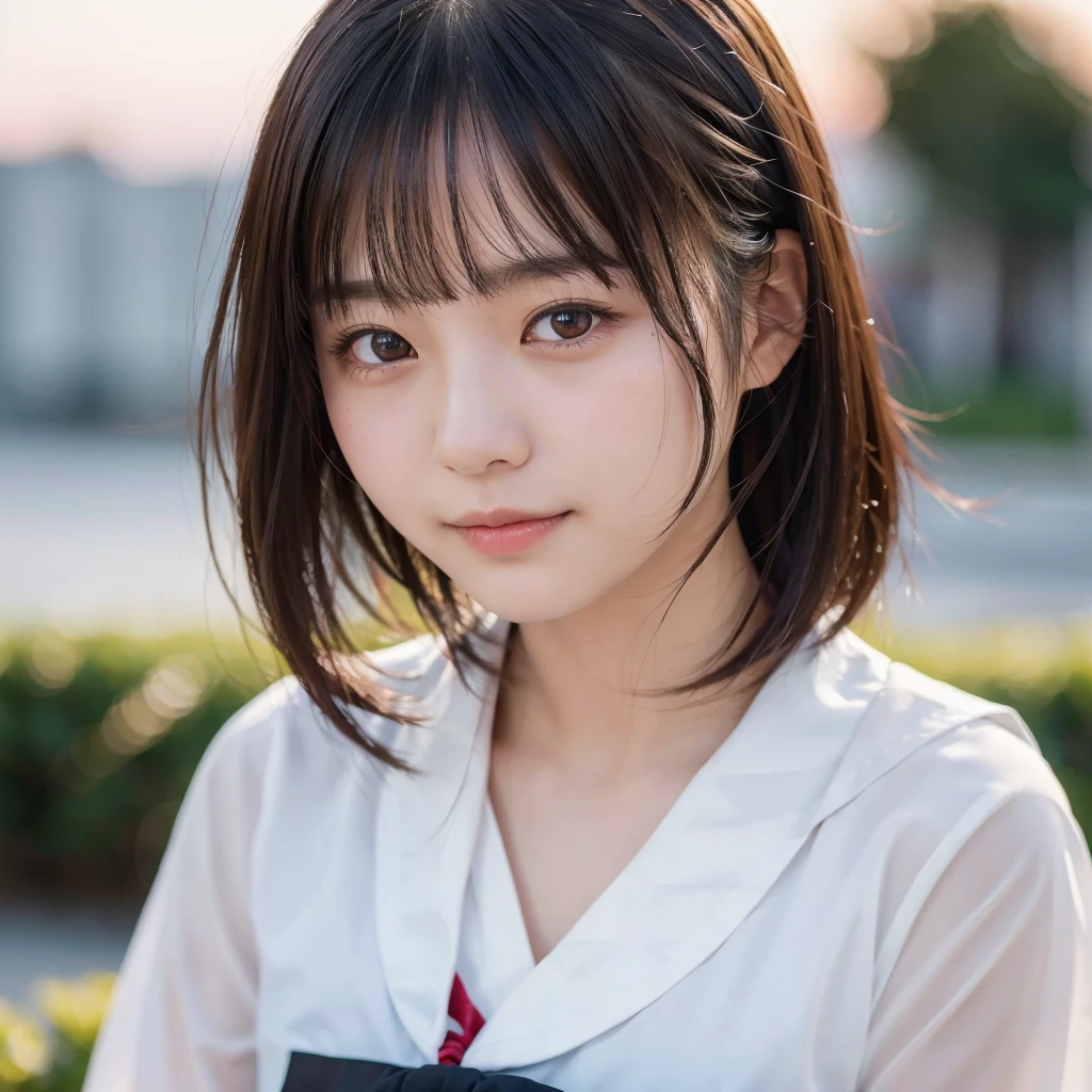(Highest quality,masterpiece:1.3,Ultra-high resolution),(Very detailed,Caustics,8k),(Realistic:1.4,RAW shooting),18-year-old,Japanese,,Super detailed, Ultra-high resolution,超高精細8k,Highest quality,Very detailed,masterpiece,Realistic,Rich details,Photographic realism,18-year-old,Japanese cute日本の少女,Looking at the camera, Good figure,Rembrandt Lighting, (photoRealistic:1.2), (Highest quality), (Detailed skin:1.3), (Intricate details), Ray Tracing,One person, In detail,real,Scattered beneath the surface,(blush:0.5), Detailed skin texture,Detailed lips,Beautiful Lips, Detailed face、 cute, Black Hair, Long Hair, (Wavy Hair:1.2), (Blunt bangs:1.2),笑顔でLooking at the camera,Sailor suit,forward leaning posture,Waist up shot,(Face Focus:1.1),(Face close-up:1.1),Natural light,Front of face,Sunset
