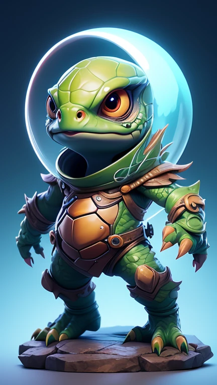 Create a picture of a little turtle monster., The body is transparent and can be seen through. The image is sharp and detailed., with beautiful colors.. With arms, leg, eyes, mouth, พื้นหลังสีlegว