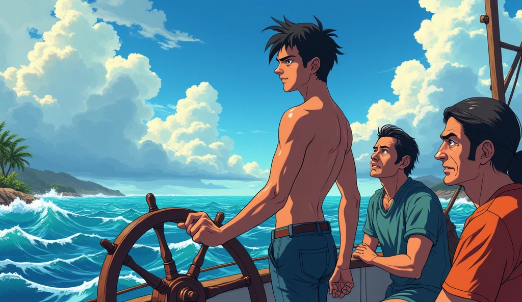 Kai is a lean, wiry ager with tanned skin from long days spent under the sun. His hair is dark and unruly.A group of fishermen gathered around the boy, listening intently as he teaches them how to sail safely through storms."scene carton anime