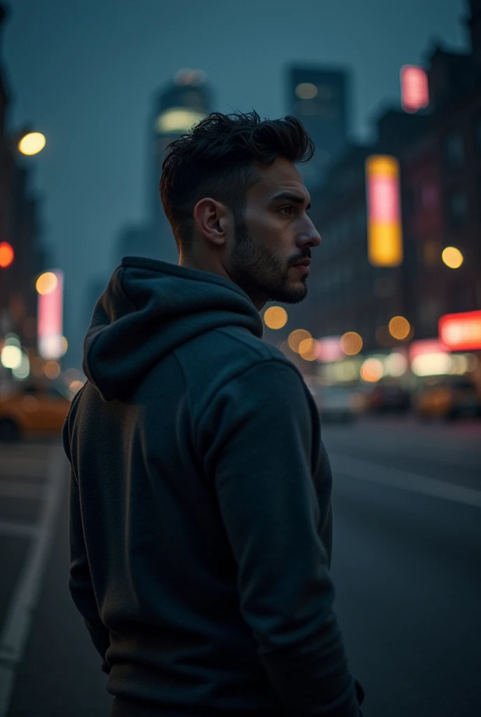 (photorealism:1.2), a man stands in a sweatshirt against the backdrop of a dark city