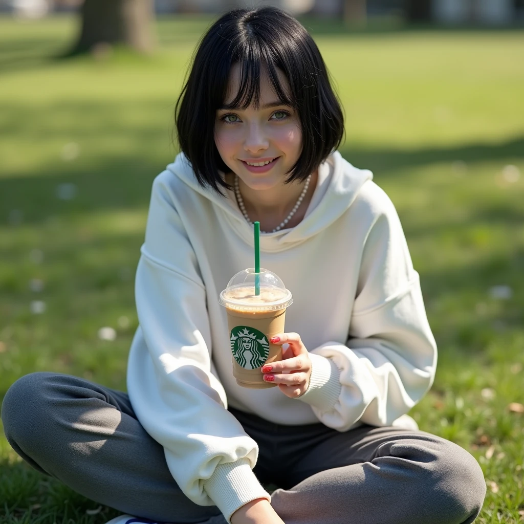 (RAW photo, best quality, masterpiece: 1.2), (photorealistic: 2), (Polish girl, 20 years old, black hair, Light grey eyes, short bob cut, hair in 7 thirds, hair over one ear, Symmetrical eyes, solo, Detailed Skin:1.1), Wearing a white oversized sweatshirt, dark grey pants, light blue and white Nike Jordans, a small pearl necklace, sitting Indian style on the grass, drinking a Starbucks latte from a clear cup with a green straw, angled slightly above, sunny, gel nails, smiling