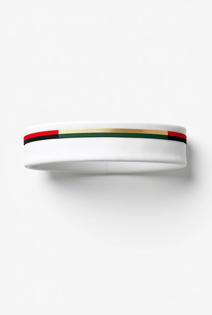 White sweat headband with lines red and green on top and lines black and gold below leaving the middle white and it should have a white background