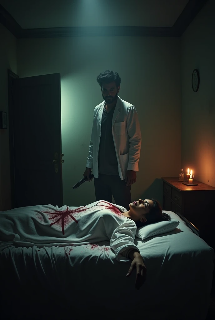 Indian man who kill lady doctor at the night in the room and dead body of lady doctor stained with blood in bed weapon in his hand 