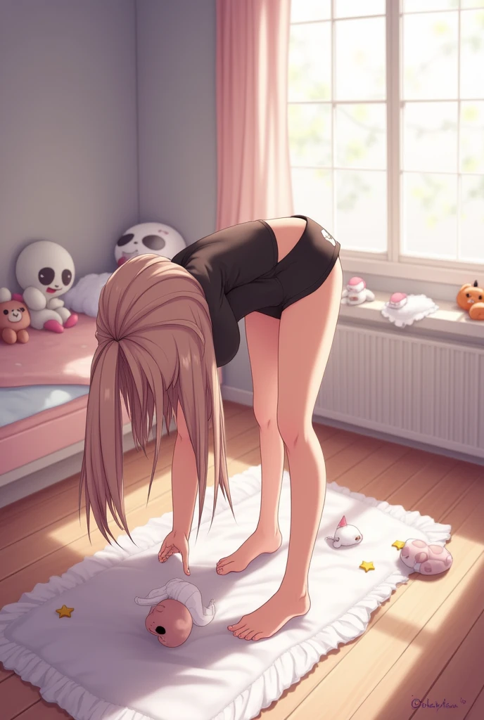 Anime girl bent down (panties revealed)
(Bedroom background) (back view) (sexy ass)
(Black panties) (bent over) (detailed ass)
