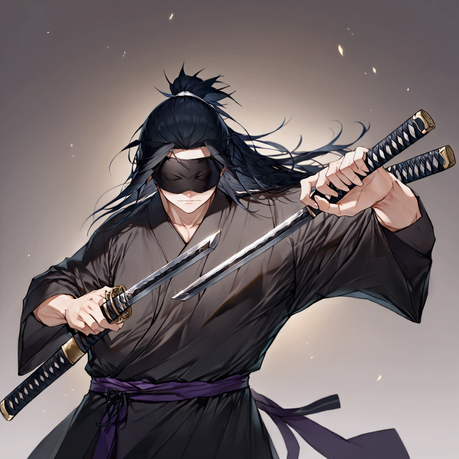 ((masterpiece)), ((best quality)), ((perfect anatomy)), (Kagurabachi pose:1.36), 1man, solo, long black hair, blindfold, black ornate robe, unsheathing katana 