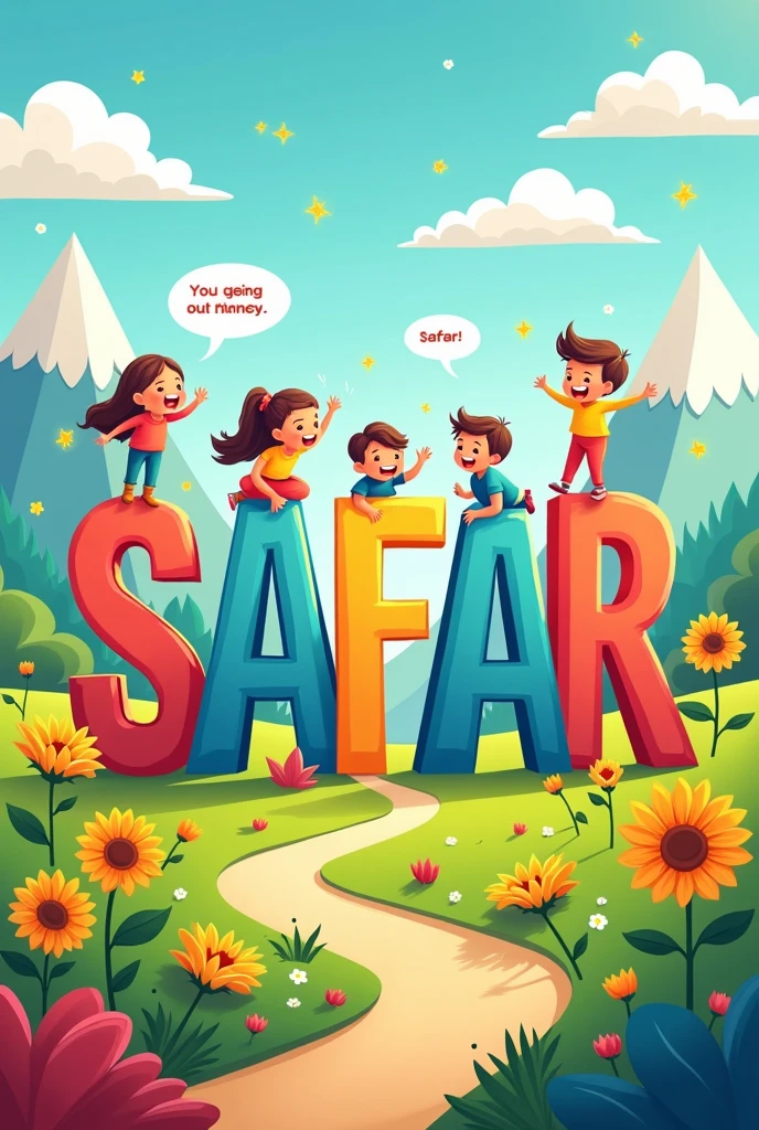 Write SAFAR in bold letter in cartoon design background represent motivation , encourage, Mental piece