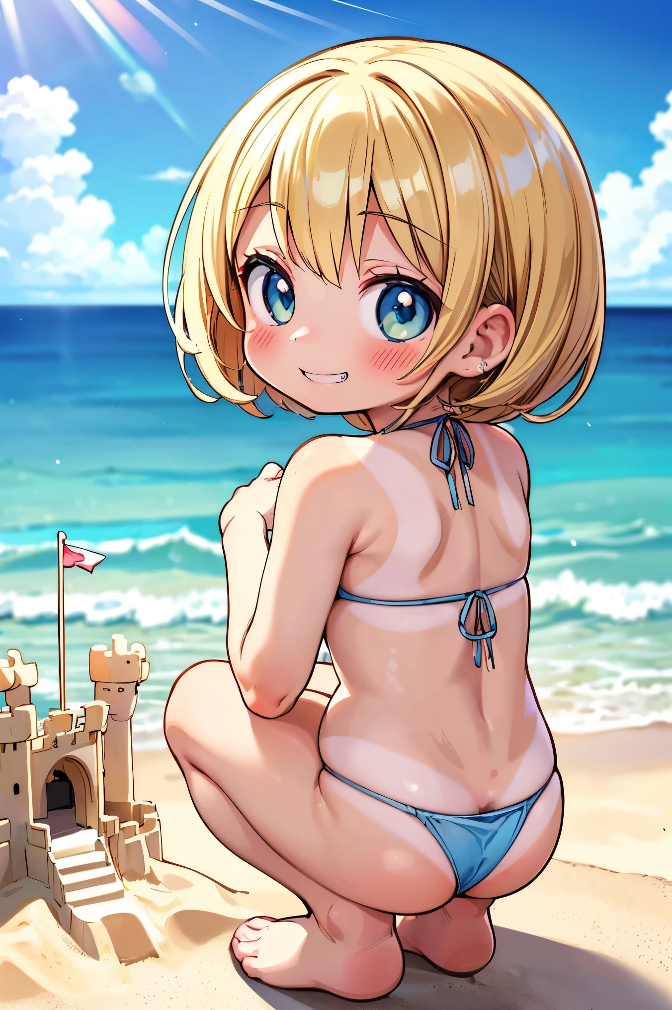 Beautiful illustration, best quality, cute girl, ((Sandcastles on a beach as background)), ((From behind)), ((Squatting)), pastel color, natural tones, ((Blonde hair)), ((Tanlines)), ((Cute girl)), ((Looking back at viewer)), ((Slender body)), ((Cute Bikini)), ((Grin)), (Blush), bright lighting, ((Big eyes)), ((Perfect hands))