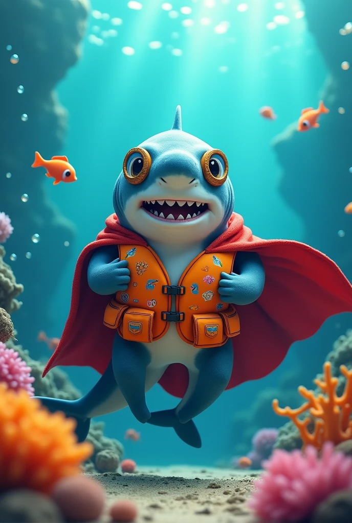 a shark with a cape, mask and a life jacket in hand 