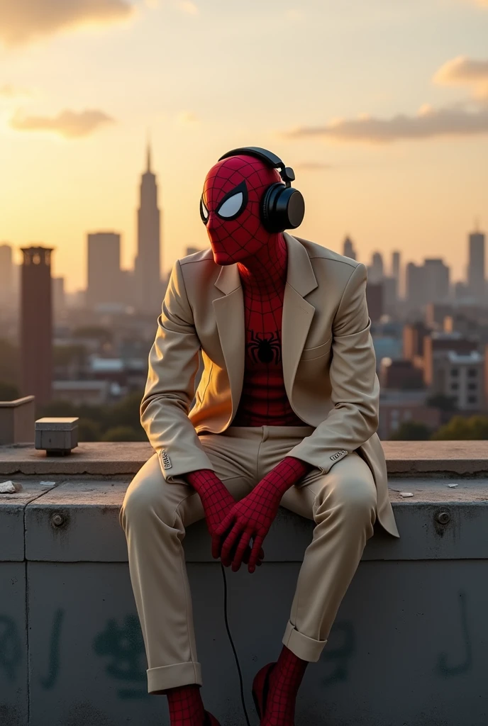 Spiderman beige, listens to music with headphones