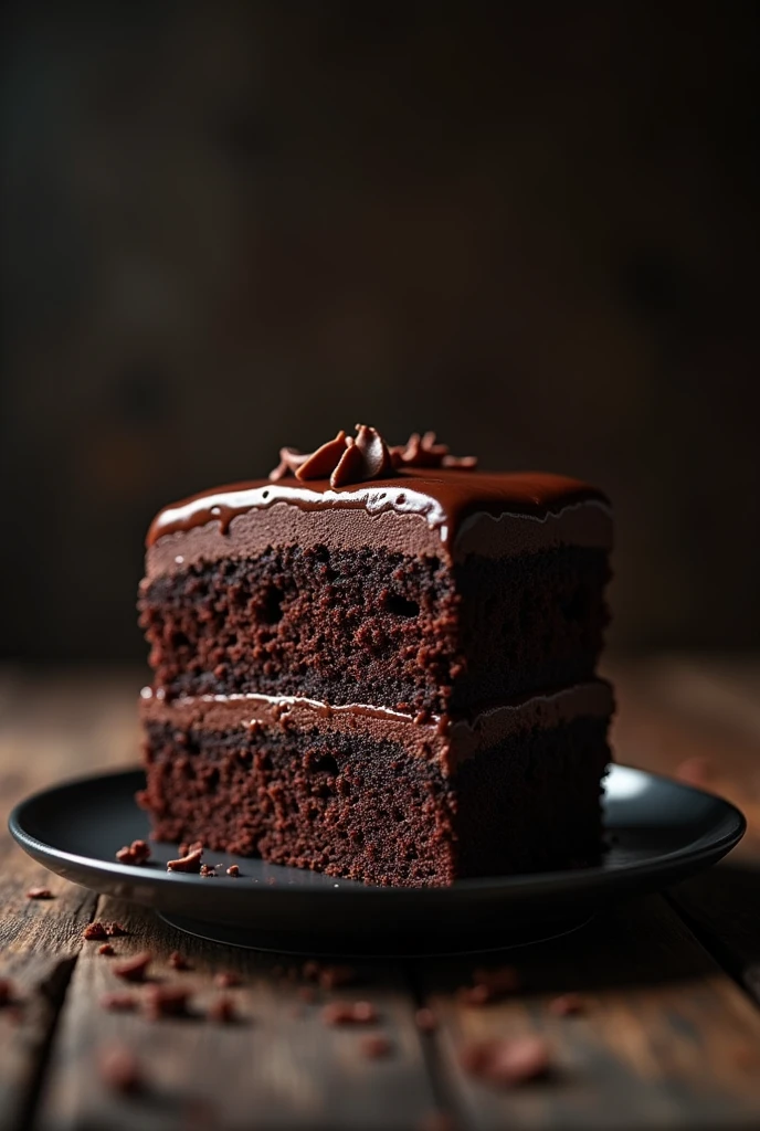 cinematic film still chocolate, chocolate cake, dark background, quality photo, moist texture, frosting, studio photo, slice . shallow depth of field, vignette, highly detailed, high budget, bokeh, cinemascope, moody, epic, gorgeous, film grain, grainy
