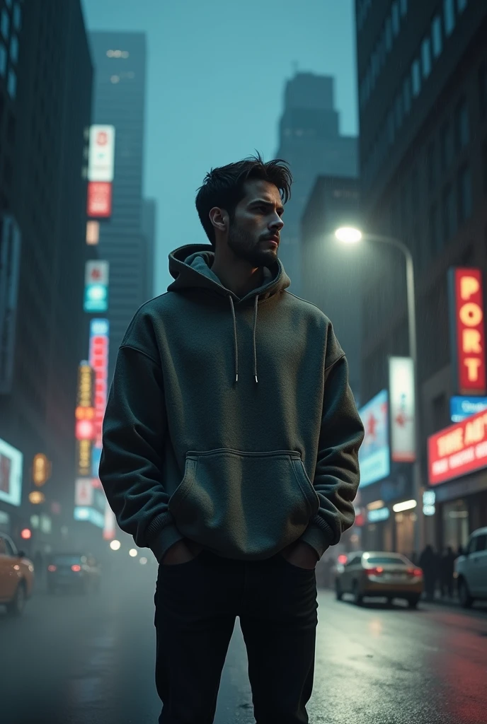 (photorealism:1.2), a man stands in a sweatshirt against the backdrop of a dark city