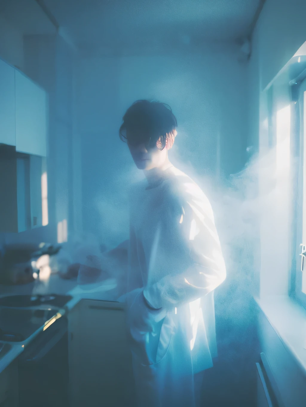 a dreamy white kitchen, foggy, soft focus, cool lighting, muted pastel colors, glowing atmosphere, dramatic shadows, cinematic composition, dream-like quality, ethereal, romantic, soft focus photography, blue hour, midnight, windy, white marble, whimsical, hazy, ethereal, gloomy, solitude