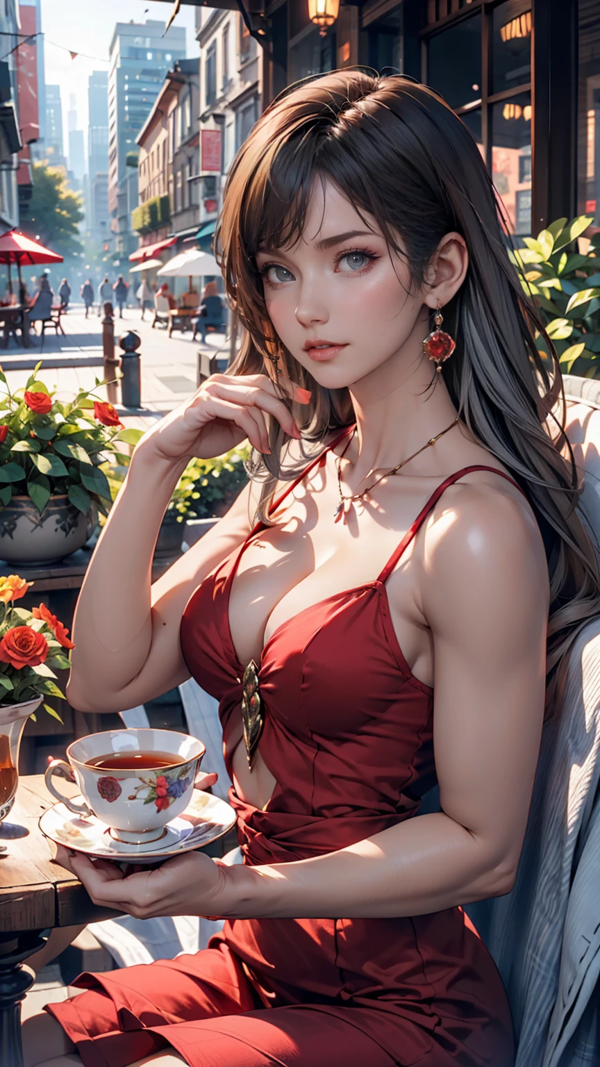 Gray-haired woman, Grey Eyes, Royalty, Red dress, Red Jewelry, Red earrings, Lunar, noble, Lady, high quality, Very detailed, Detailed face, masterpiece, city, Drinking tea, garden, Flowers, Light