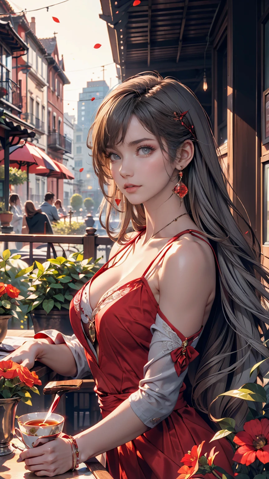 Gray-haired woman, Grey Eyes, Royalty, Red dress, Red Jewelry, Red earrings, Lunar, noble, Lady, high quality, Very detailed, Detailed face, masterpiece, city, Drinking tea, garden, Flowers, Light