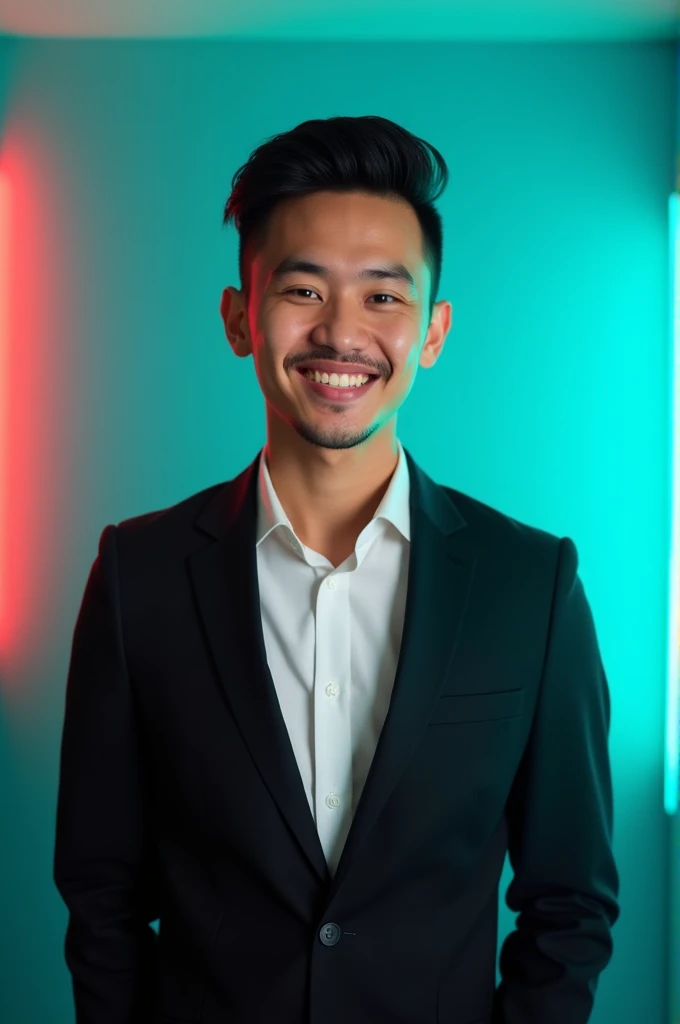 A young man with black hair and a confident smile. He is wearing a black blazer over a white sh against an aqua colored backdrop with a subtle red light on the left side. 5.6K And she's posing for LinkedIn profiles. And his face has a black arc beard.