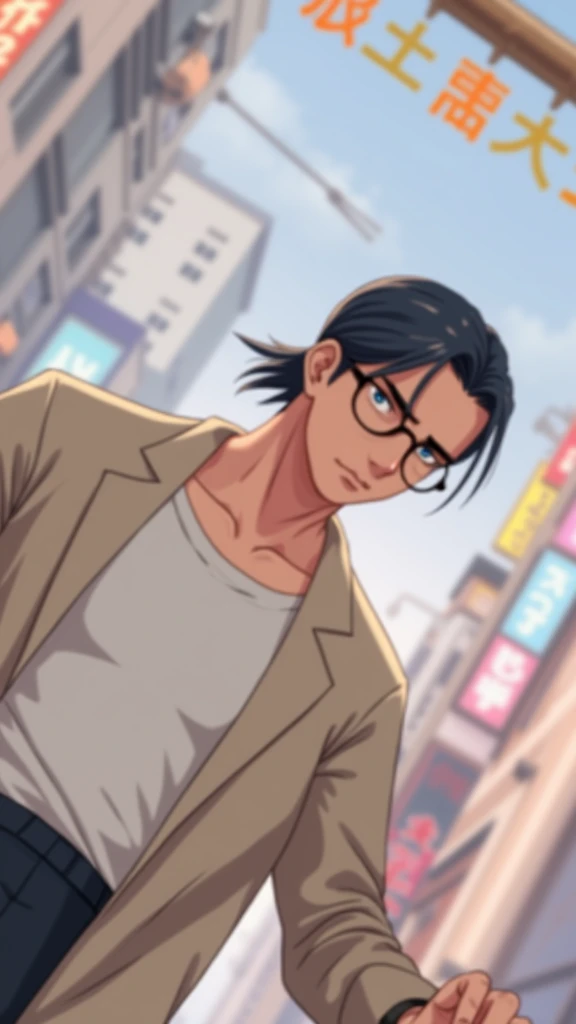 A male character with glasses, straight black hair, a rude mysterious man and semi-elegant clothes, he is not dark-skinned in a non-Korean drawing and with a masculine touch 
