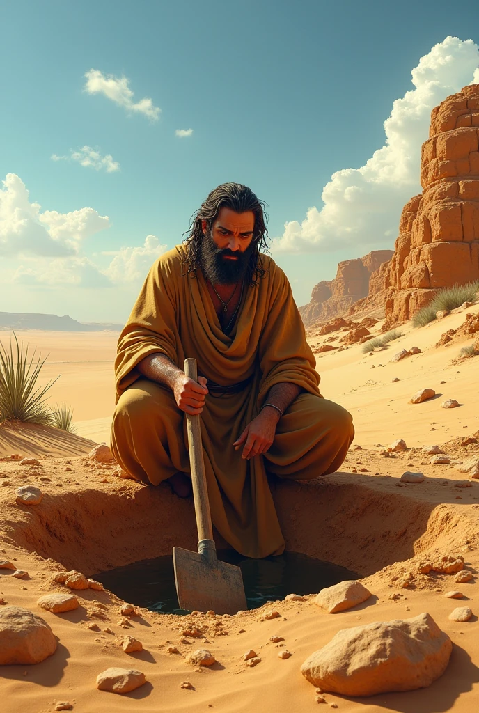 
Isaac, a biblical character, digging a well in the desert 