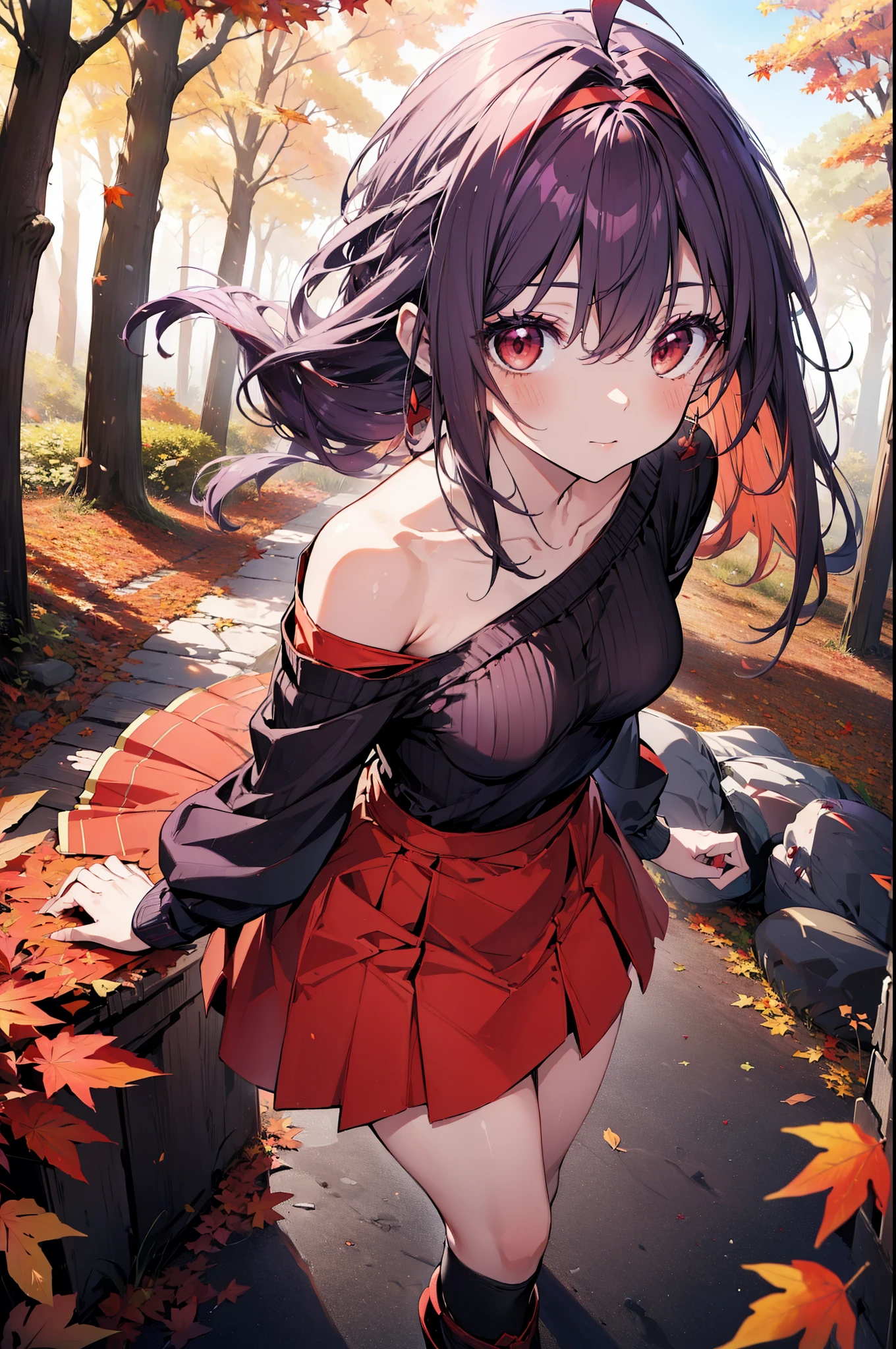 yuukikonno, Yuuki Konno, hair band, Long Hair, Pointed Ears, Purple Hair, Ahoge,(Red eyes:1.5), (Small breasts:1.2), smile,blush,Close your mouth,Purple one-shoulder sweater,mini skirt,Black tights,short boots,Walking,autumn leaves,autumn leaves,scattered,autumn leavesが積もっている,Autumn sky,whole bodyがイラストに入るように,
break looking at viewer, whole body,
break outdoors, garden,forest, nature,
break (masterpiece:1.2), Highest quality, High resolution, unity 8k wallpaper, (figure:0.8), (Beautiful attention to detail:1.6), Highly detailed face, Perfect lighting, Highly detailed CG, (Perfect hands, Perfect Anatomy),