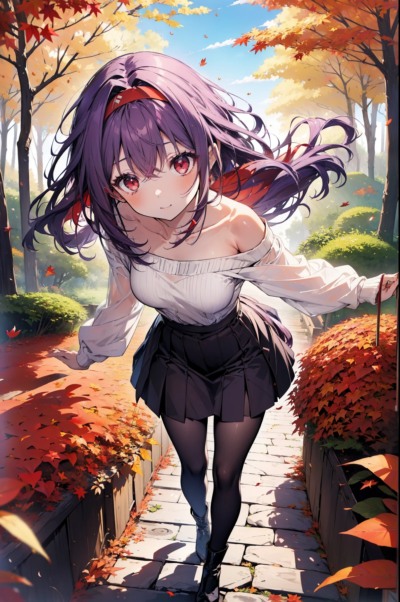 yuukikonno, Yuuki Konno, hair band, Long Hair, Pointed Ears, Purple Hair, Ahoge,(Red eyes:1.5), (Small breasts:1.2), smile,blush,Close your mouth,Purple one-shoulder sweater,mini skirt,Black tights,short boots,Walking,autumn leaves,autumn leaves,scattered,autumn leavesが積もっている,Autumn sky,whole bodyがイラストに入るように,
break looking at viewer, whole body,
break outdoors, garden,forest, nature,
break (masterpiece:1.2), Highest quality, High resolution, unity 8k wallpaper, (figure:0.8), (Beautiful attention to detail:1.6), Highly detailed face, Perfect lighting, Highly detailed CG, (Perfect hands, Perfect Anatomy),