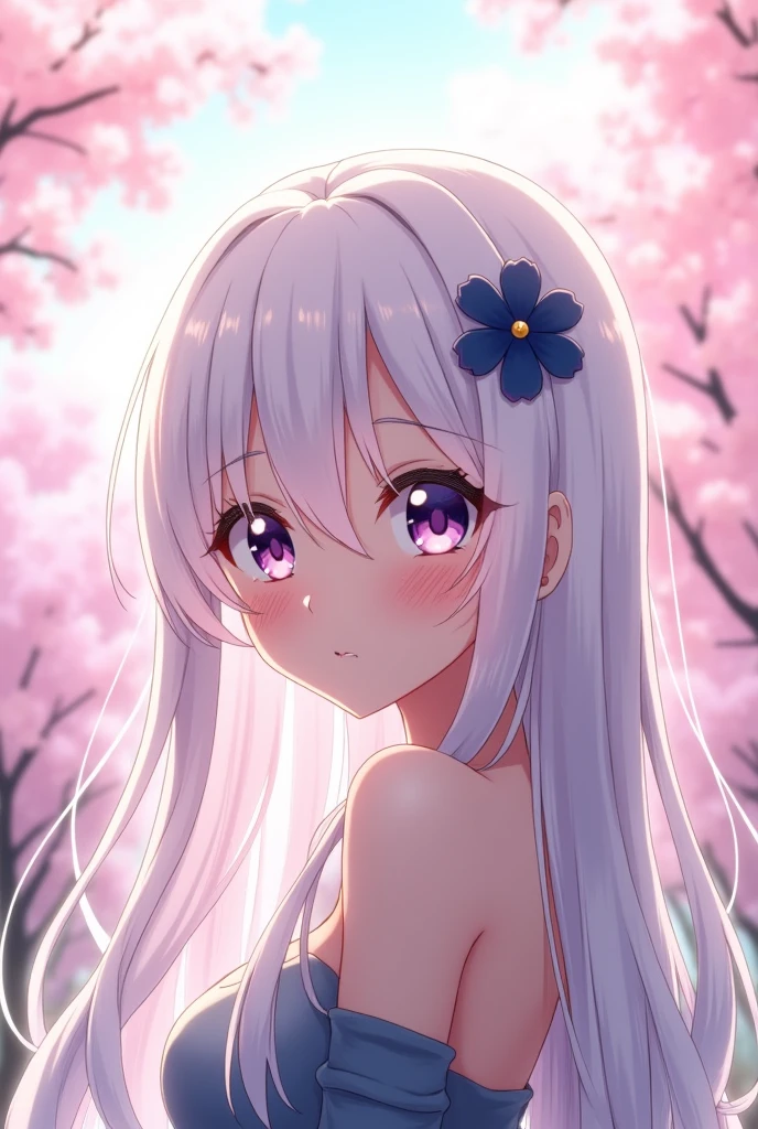 Anime  girl with white hair, have a dark blue flower hair clip. Kawaii, hot, sexy. No outfit.