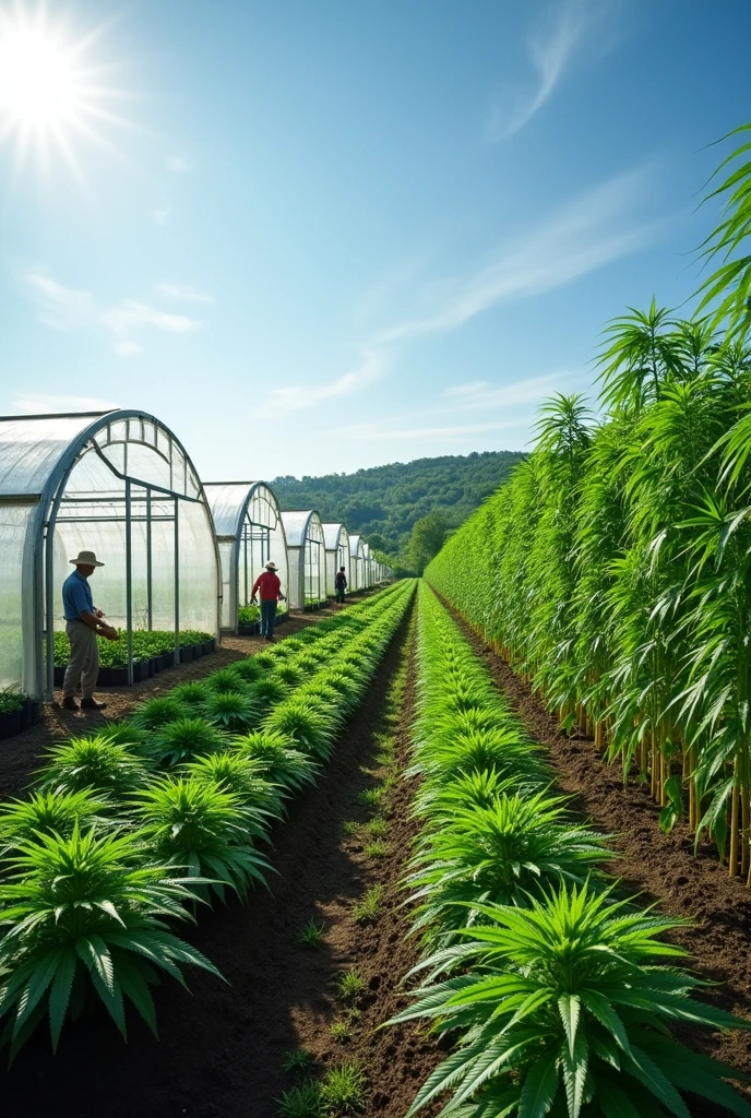 Hemp plantation realistic cultivation greenhouses