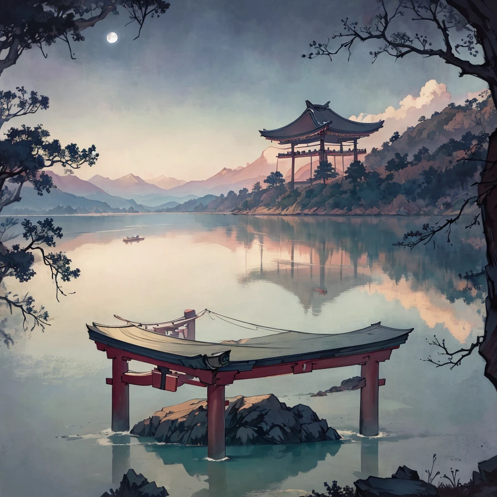 japanese torii gate, surreal, fantasy world, universe, moon, lake, dark night , clouds, dreamy, mysterious, ultra HD, high quality, 32k, simple plain background, 8k, hd, unreal engine, dreamy, romantic, mysterious, ,