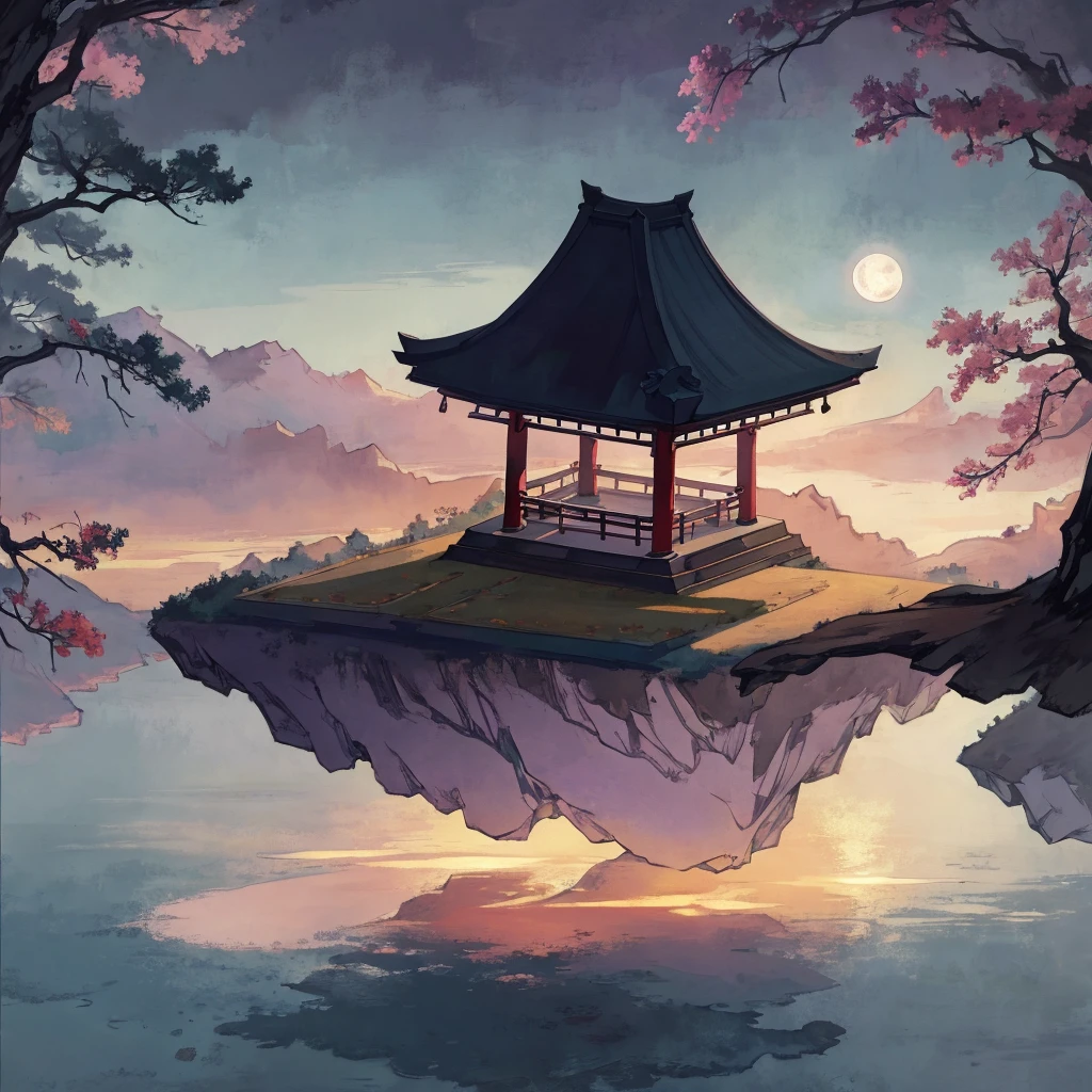 japanese torii gate, surreal, fantasy world, universe, moon, lake, dark night , clouds, dreamy, mysterious, ultra HD, high quality, 32k, simple plain background, 8k, hd, unreal engine, dreamy, romantic, mysterious, ,