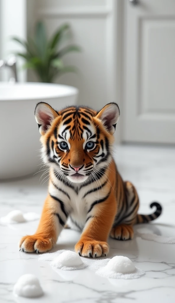 A cute little tiger, sit on the floor，Big bright eyes, Fluffy, Delicate and exquisite, Real version of tiger cub，Play with real white foam in the bathroom，Pure white high-end bathroom background