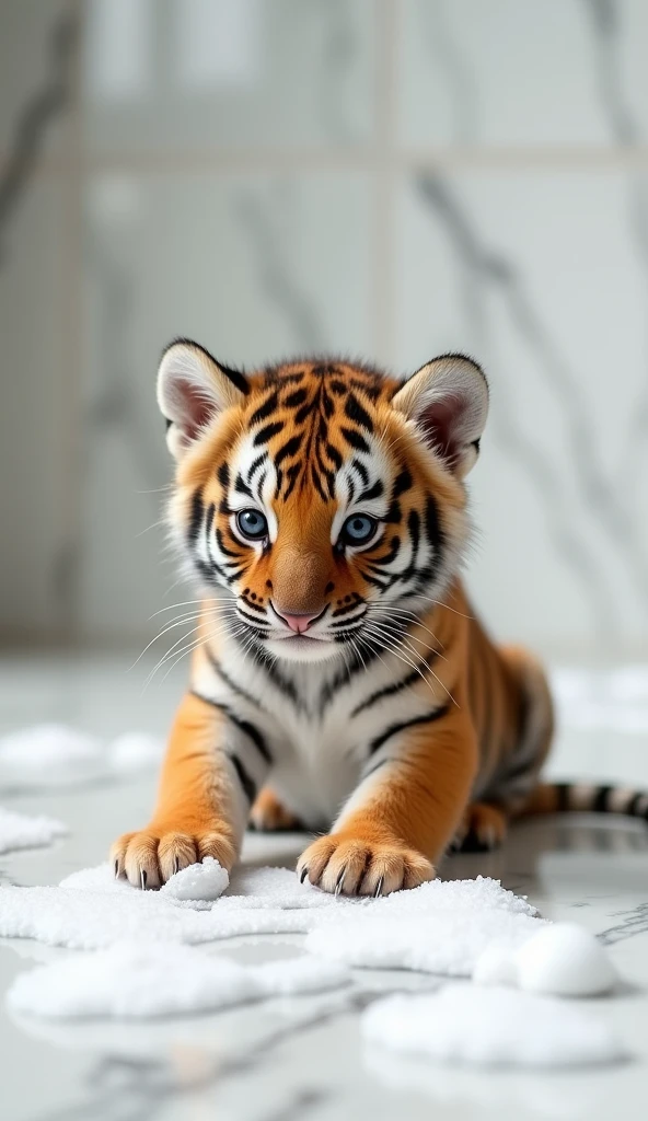 A cute little tiger, sit on the floor,Big bright eyes, Fluffy, Delicate and exquisite, Real version of tiger cub,Play with real white foam in the bathroom,Pure white high-end bathroom background