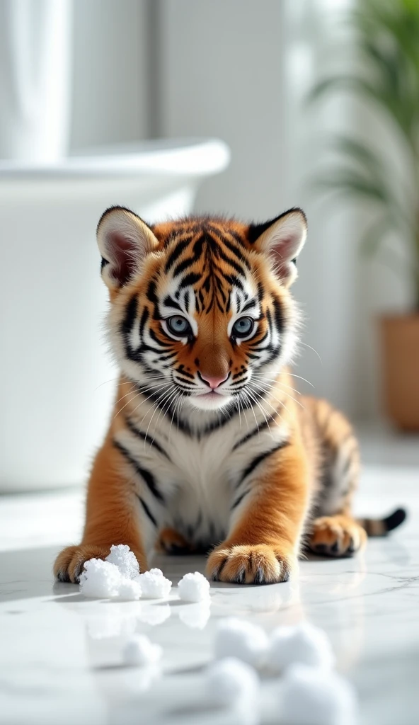 A cute little tiger, sit on the floor，Big bright eyes, Fluffy, Delicate and exquisite, Real version of tiger cub，Play with real white foam in the bathroom，Pure white high-end bathroom background