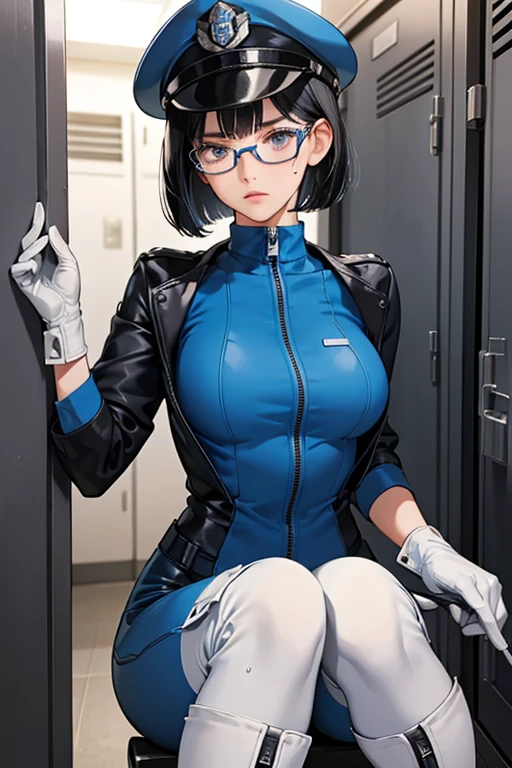 A girl with black hair, bob cut and glasses wearing a blue enamel catsuit, white gloves, white boots and a police cap is taking a break in the locker room with a tired face and sweaty face　submachine gun