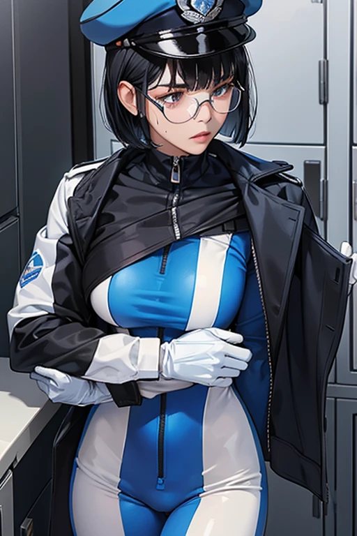 A girl with black hair, bob cut and glasses wearing a blue enamel catsuit, white gloves, white boots and a police cap is taking a break in the locker room with a tired face and sweaty face　submachine gun