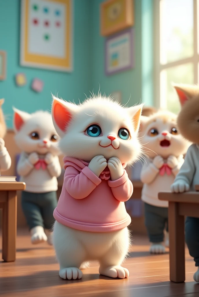 a white kitten in pink shirt and white half pant is weeping and crying and other kittens in white shirts and black pants surrounding it are laughing in school